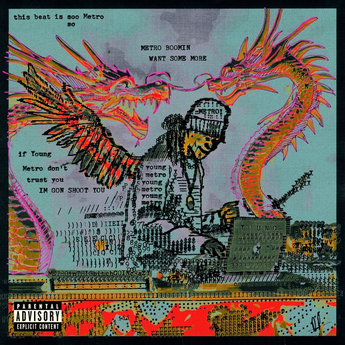 An illustrated album cover for Metro Boomin's 'HEROES & VILLAINS' features colorful dragon-like creatures flanking a central figure, with visible text including 'METRO BOOMIN', 'WANT SOME MORE', 'if Young Metro don't trust you IM GON SHOOT YOU', and a 'PARENTAL ADVISORY EXPLICIT CONTENT' label.