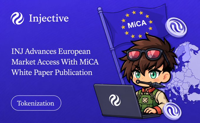 A promotional graphic for Injective (INJ) featuring a cartoon character with sunglasses at a laptop, announcing 'INJ Advances European Market Access With MiCA White Paper Publication' under the Tokenization category.