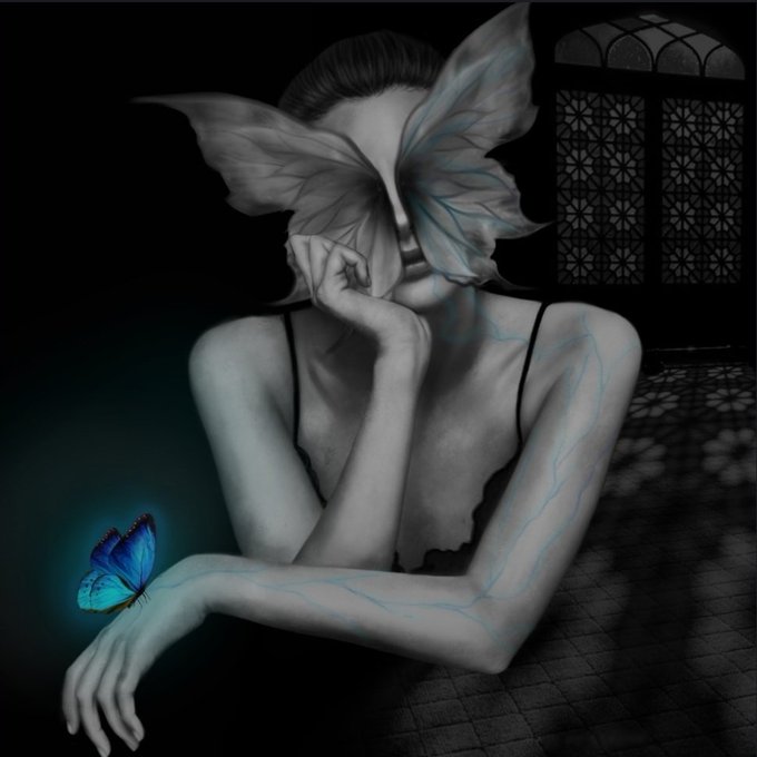 A stylized dark artwork featuring a woman with butterfly-like wings covering her face, a glowing blue butterfly on her arm, and blue vein-like patterns on her skin, set against a dimly lit room with a decorative window.