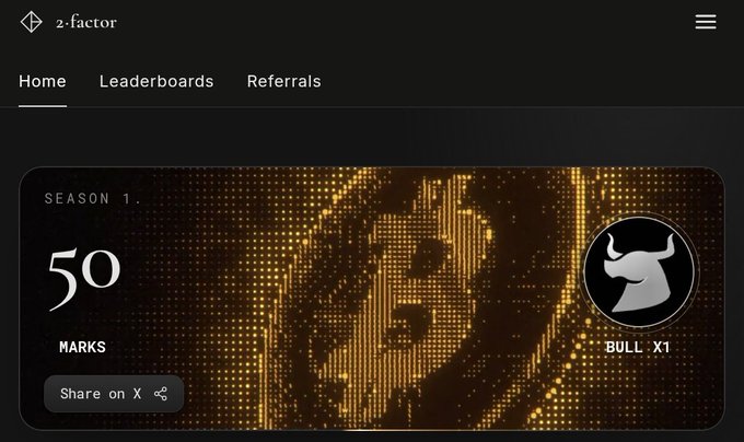 A digital interface screenshot from '2-factor' shows 'SEASON 1', a score of '50 MARKS', and a 'BULL X1' profile icon over a gold-toned dotted background.