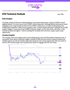 The image shows a page from a white piece of paper titled "ETH Technical Outlook". The page presents two charts representing the closing price of Etherum against Bitcoin over time, showing that Etherum has closed below Bitcoin at multiple instances. The chart on the left displaysetherum closed indecisively, while the right one indicates that etherum is trading within a small intraday range compared to Bitcoin. Additionally, there's an example of how to use the chart and a summary of what we should see if we're interested in investing in Etherum or Bitcoin at this time. The image also includes a post by CryptoWindRc containing thoughts about the technical outlook for Etherum and Bitcoin.