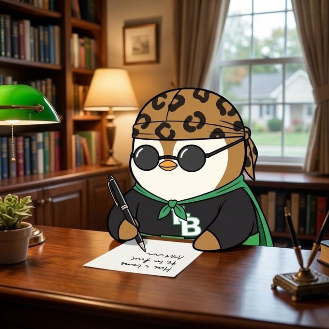 An animated cartoon penguin character wearing a leopard-print bandana, round sunglasses, and a green neckerchief, writing with a pen at a wooden desk in a study room with bookshelves and a green lamp.