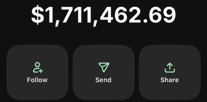 The image shows a digital wallet or payment interface displaying a balance of $1,711,462.69, along with "Follow," "Send," and "Share" action buttons. Given the accompanying post's request for followers to like, retweet, and drop their $SOL (Solana) addresses for a giveaway within 12 hours, the image likely represents the giveaway prize amount in a crypto wallet.