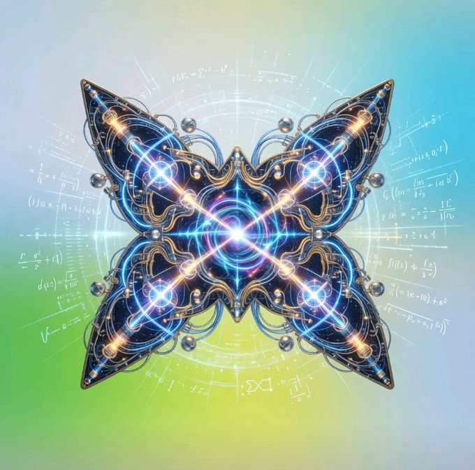 A symmetrical, mechanical butterfly illustration with glowing blue nodes and golden accents floats against a soft pastel background overlaid with mathematical equations and formulas. The futuristic, quantum-inspired design visually represents the advanced cryptographic and quantum-resistant technology powering QUIP's secure digital asset wallet.