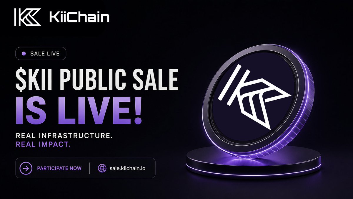 Promotional banner for the KiiChain ($KII) Public Sale featuring a glowing purple coin with the KiiChain logo, displaying "SALE LIVE," "$KII PUBLIC SALE IS LIVE!", the tagline "REAL INFRASTRUCTURE. REAL IMPACT," and a "PARTICIPATE NOW" link to sale.kiichain.io.