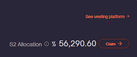 A dark interface screen showing "S2 Allocation" with an amount of 56,290.60, an orange "Claim" button, and a link to "See vesting platform" in the upper right.
