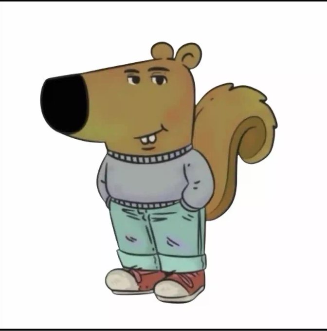 Cartoon illustration of a brown squirrel character wearing a gray sweater, green pants, and red shoes.