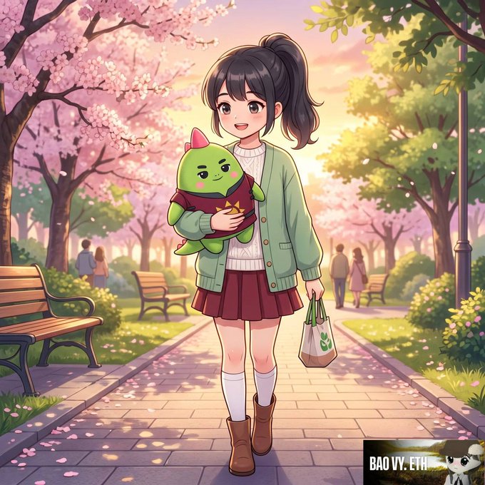 The image features a girl walking down a path with a green dinosaur stuffed animal in her arms, accompanied by a brown purse. The background of the scene includes trees and benches, creating an outdoor setting. The post that accompanies this image reads "Ban đầu nhiều gây dự án đang chuyển hướng lớn hơn rất nhiều: xây dựng mình thấy đáng chú ý là team". The girl is holding the stuffed animal and carrying a purse, while the trees and benches in the background provide context for the setting.