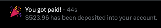 A push notification from an unspecified payment app shows "$523.96 has been deposited into your account" alongside the caption celebrating earning money simply by posting on X, with the user raffling $100 to 4 reply-based winners to show appreciation.