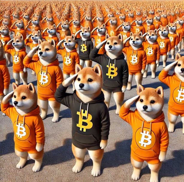 An AI-generated illustration shows an army of Shiba Inu dogs wearing orange and black Bitcoin-logo hoodies, all saluting.