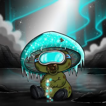 A whimsical digital artwork features a baby-like character wearing oversized ski goggles and a glowing teal mushroom cap with icicle-like edges, seated on a dark landscape beneath auroras, embodying the "Junior Spores" NFT concept that fuses parents' DNA into unique mushroom-headed children ready "to the damn moon."