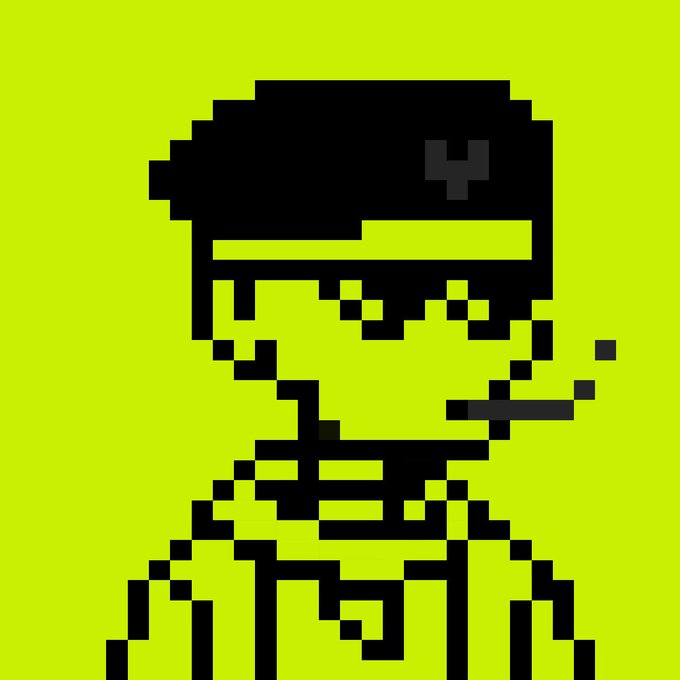 A pixel art portrait of a person wearing sunglasses, rendered in black against a bright yellow-green background.