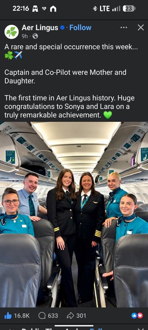An Aer Lingus social media post announcing a rare achievement where Captain and Co-Pilot were Mother and Daughter, congratulating Sonya and Lara, with a group photo of the cabin crew.