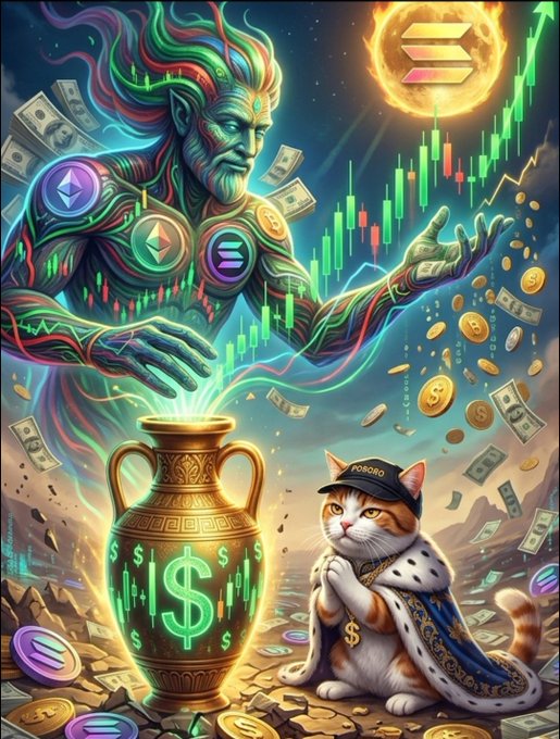 Vibrant crypto-themed artwork featuring a muscular Zeus-like figure, Solana and Ethereum logos, a glowing Solana vase, candlestick charts, falling money, and a cat in a royal cape and 'ROBINO' hat.