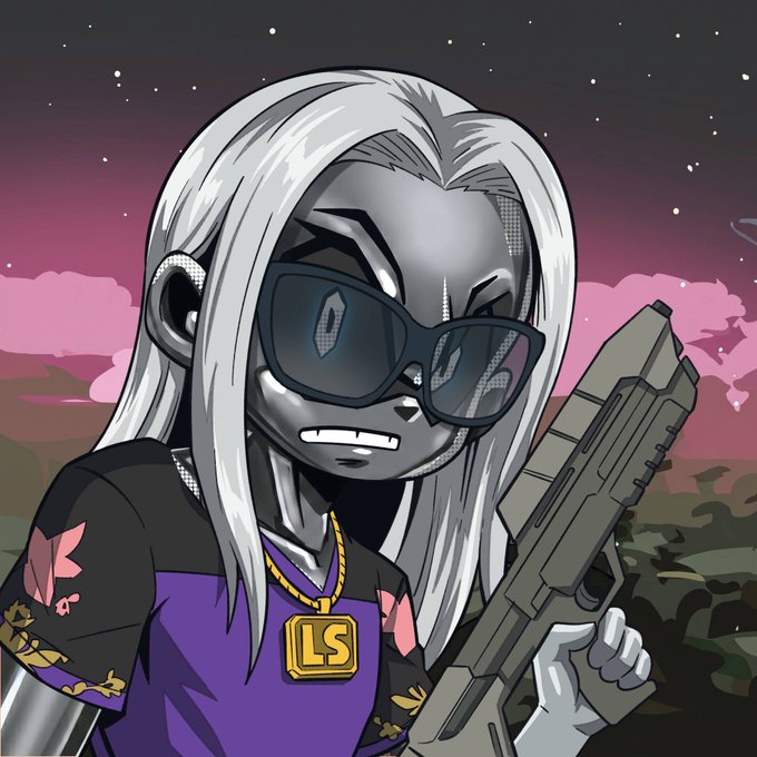The image features a cartoon girl with long blonde hair wearing sunglasses and holding a gun. The background of the image shows a pink sky with clouds, giving off a dreamy atmosphere. There are also some flowers visible in the scene. The caption below the image reads "TURC Giveaway !!! 1111 supply coming on ETH I'm giving away ... GTD spots → Follow @LSCabal_ & @TurcNFT → Like + comment Picking winners in a few hours, gl!".