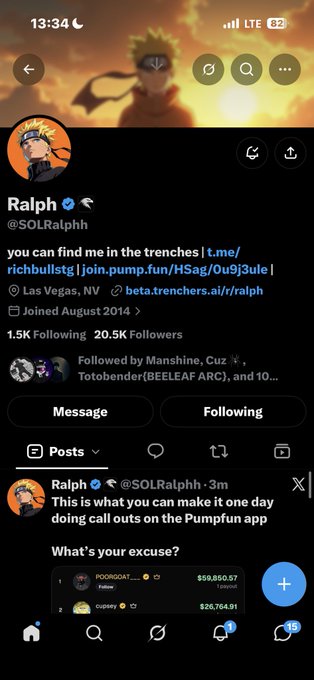 Twitter profile for Ralph (@SOLRalphph) from Las Vegas, showing 20.5K followers and a post about earning on the Pumpfun app with a leaderboard featuring POORGOAT and cupsey.