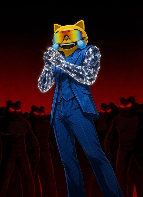 An anime-style illustration shows a figure in a blue pinstripe suit with a yellow cat-head mask and crystal-textured arms clapping, backed by shadowy figures with glowing red eyes against a dark red background.
