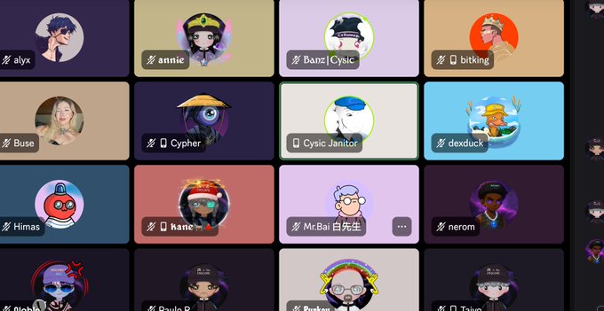 The image features a grid of small squares with various cartoon faces or characters displayed within them. The squares are arranged in rows and columns, creating a visually appealing pattern. Each square contains a different character, such as a person wearing glasses, a person with a hat, and another person with a bowtie. The characters appear to be from different countries, including China, Japan, and the United States. The post also includes text that reads "Lao Bai, as the only Chinese-speaking ambassador, feels a bit out of place, but honestly, I really love the community vibe of @cysic_xyz!".