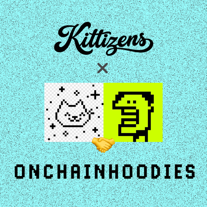 A collaboration graphic between "Kittizens" and "OnchainHoodies" featuring pixel art of a cat and a hoodie character with a handshake icon, set against a green grainy background announcing hooded holders' FCFS allowlist access to the Kittyzen ecosystem.