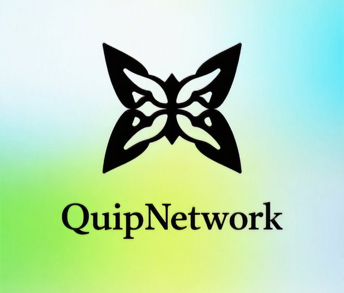 The logo for QuipNetwork, featuring a black symmetrical butterfly-like emblem above the brand name, displayed on a gradient background transitioning from light blue to green.