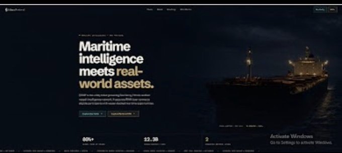 The image shows the Ethra Protocol homepage featuring the bold headline "Maritime intelligence meets real-world assets," alongside a nighttime photograph of a large cargo ship on dark waters, directly illustrating the post's description of Ethra as a maritime infrastructure network bringing real-world shipping assets onchain.