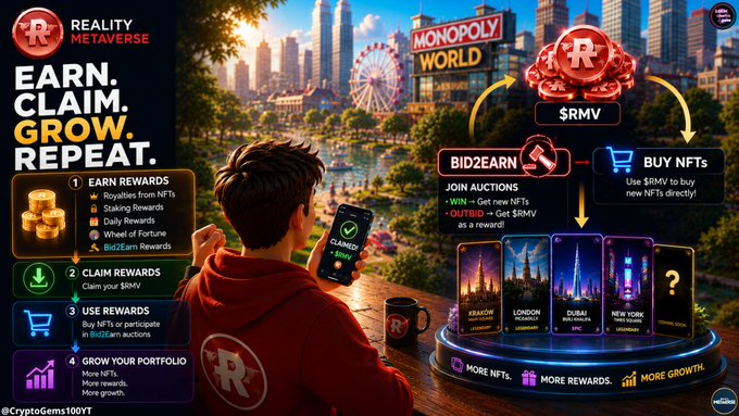 The image is a promotional graphic for the Reality Metaverse ($RMV) ecosystem, featuring a person overlooking a Monopoly-themed virtual cityscape while highlighting four key steps: Earn Rewards, Claim Rewards, Use Rewards, and Grow Your Portfolio. It prominently displays the Bid2Earn feature, where users can win new NFTs or stake $RMV as rewards, including collectible NFT cards labeled "MEKASIX," "LONDON," "DUBAI," "NEW YORK," and "COMING SOON." The graphic ties into the post's message by visually illustrating the cycle of earning, claiming, reinvesting in NFTs, and participating in Bid2Earn auctions to maximize rewards.