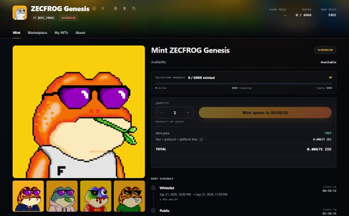 A screenshot of a ZECFROG Genesis NFT minting page featuring a pixel-art frog with sunglasses and a joint, with text 'Mint ZECFROG Genesis' and 'Mint opens in 00:20:32'.