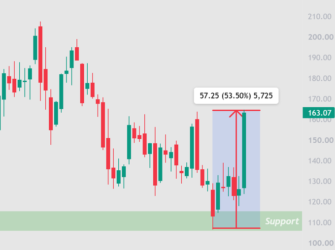 A candlestick chart displays a stock's price action with a highlighted bullish reversal pattern showing a 57.25 (53.50%) gain of 5,725 shares near a support level around 163.07, illustrating the concept of buying undervalued positions with favorable risk-reward ratios at key support zones.