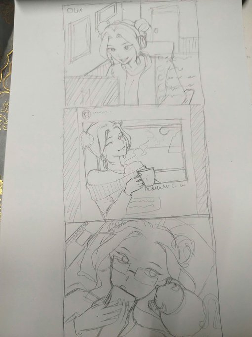 A hand-drawn pencil sketch in a notebook showing three comic-style panels of an anime-style girl with headphones, one with a face mask.