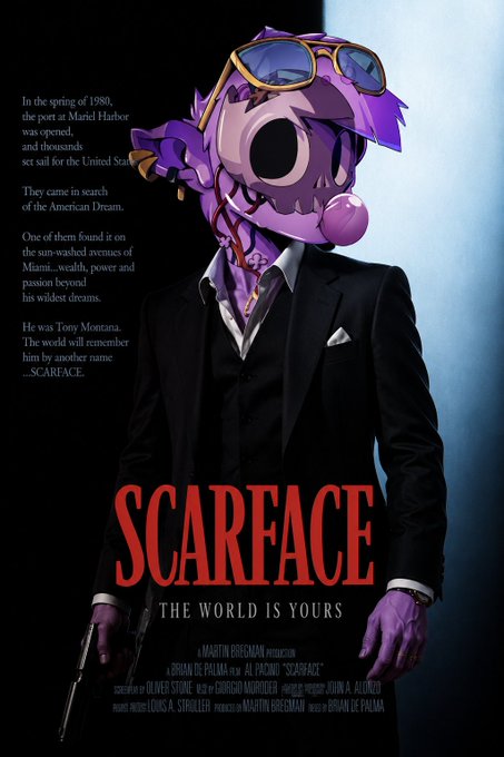 A stylized 'SCARFACE' movie poster featuring a purple cartoon character in a black suit and sunglasses with a bubblegum bubble, with the tagline 'THE WORLD IS YOURS' and text describing the character as Tony Montana seeking the American Dream.