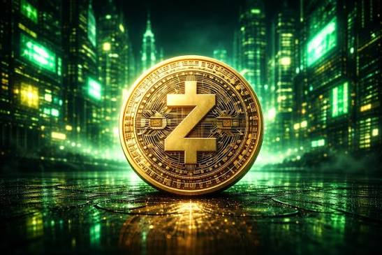 A large golden Zcash (ZEC) cryptocurrency coin sits in the foreground against a backdrop of glowing green futuristic city buildings and circuit-like patterns.
