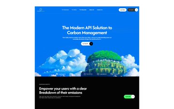 A webpage design mockup with the headline 'The Modern API Solution to Carbon Management' featuring a blue sky background and a green mountain-like graphic, with the tagline 'Empower your users with a clear breakdown of their emissions.'