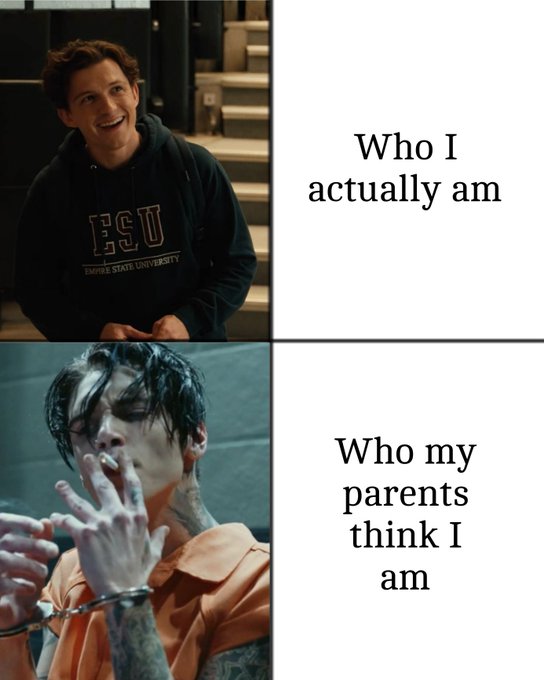 A two-panel meme featuring Tom Holland: the top panel labeled 'Who I actually am' shows him smiling in an ESU hoodie, while the bottom panel labeled 'Who my parents think I am' shows Zendaya in an orange prison jumpsuit with handcuffs.