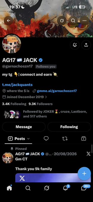 A Twitter/X profile screenshot for 'AG17 🇺🇸 JACK' (@garnachozn17) showing a header featuring anime characters, 9.3K followers, and a pinned post dated 20/08/2026 thanking the '9k family.'