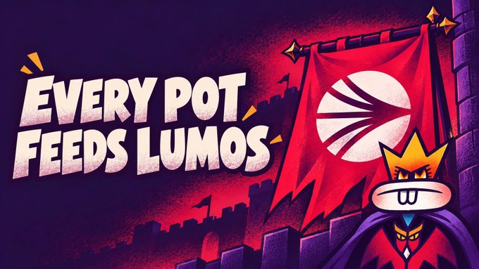 A digital illustration featuring a cartoon king character in a purple cape next to a red banner, with the text 'EVERY POT FEEDS LUMOS'.