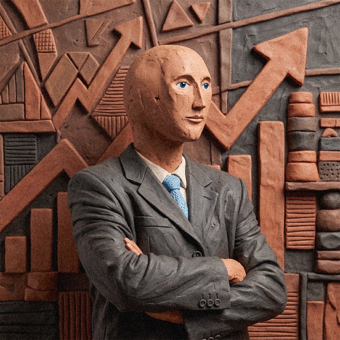 A stone-like statue of a bald man in a gray suit and blue tie stands with arms crossed against a textured wall featuring geometric patterns and arrows.
