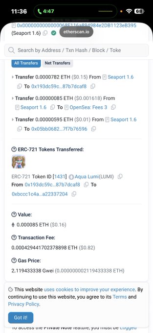Mobile screenshot of an Etherscan transaction page showing ETH transfers and an ERC-721 token transfer of 'Aqua Lumi (LUMI)' worth $0.16, with a transaction fee of 0.000429 ETH ($0.82).