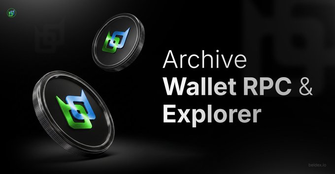 A promotional image with the text 'Archive Wallet RPC & Explorer' next to two floating 3D coins featuring a green and blue logo against a dark background.