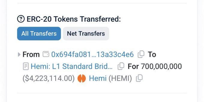 A screenshot showing an ERC-20 token transfer of 700,000,000 HEMI tokens (~$4,223,114.00) to a Hemi L1 Standard Bridge address, with 'All Transfers' and 'Net Transfers' toggle buttons.