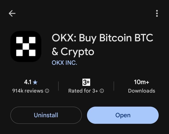 A screenshot of the Google Play Store page for the 'OKX: Buy Bitcoin BTC & Crypto' app by OKX INC., showing a 4.1 star rating with 914k reviews, a 3+ age rating, 10m+ downloads, and 'Open' and 'Uninstall' buttons.