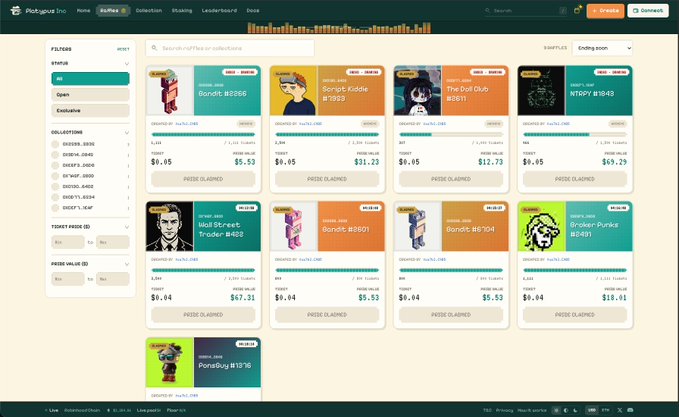 A screenshot of the PunksDAO Pro raffle platform displaying 9 "ENDED" raffles including Bored #2866, Script Kiddie #7389, The Dull Club #3811, NTropy #1043, Wall Street Trader #4013, Bandit #5801, Bandit #6104, Broken-Punks #1491, and PaneBoy #1876, each marked "PRIZE CLAIMED" with ticket prices like $0.04 and $0.05. The interface shows 7/9 sold status, supporting the post's claim about 9 raffles, 9 sold out, and 9 drawn with publicly verified winners.