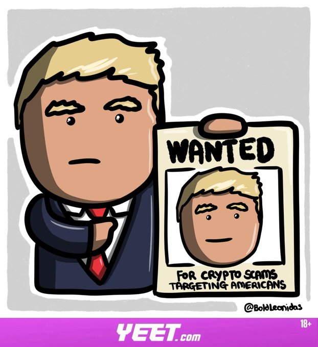 A cartoon resembling Donald Trump holds a wanted poster labeled “WANTED,” accusing him of “crypto scams targeting Americans,” in the context of crypto-market losses, worldwide exploits, and Chamath’s warning on BTC. The accompanying post lists BTC at 82,030 (-1%), ETH at 2,410 (-2%), BNB at 735 (-2%), SOL at 105 (-1%), and Fear & Greed at 67.