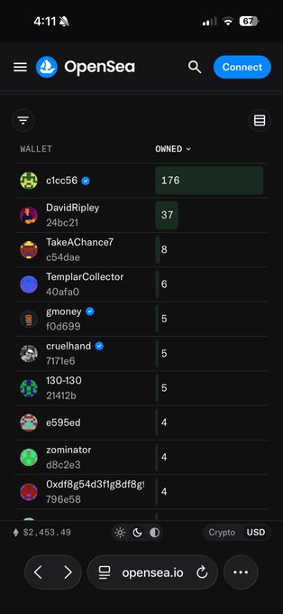A mobile screenshot of the OpenSea NFT marketplace shows a wallet view with the top collector listed as 'c1cc56' owning 176 NFTs and a total wallet value of $2,453.49.
