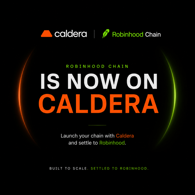 The image is a black promotional graphic with the Caldera and Robinhood Chain logos at the top, announcing in bold white and orange text: "ROBINHOOD CHAIN IS NOW ON CALDERA," with the tagline "Built to scale. Settled to Robinhood." and a callout to launch your chain with Caldera and settle to Robinhood—visually reinforcing the announcement that Robinhood Chain integration is now supported on the Caldera platform.
