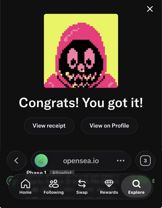 A screenshot of an OpenSea confirmation page reading "Congrats! You got it!" with a pixel-art skull in a pink hood, celebrating a successful $REKT mint as mentioned in the caption.