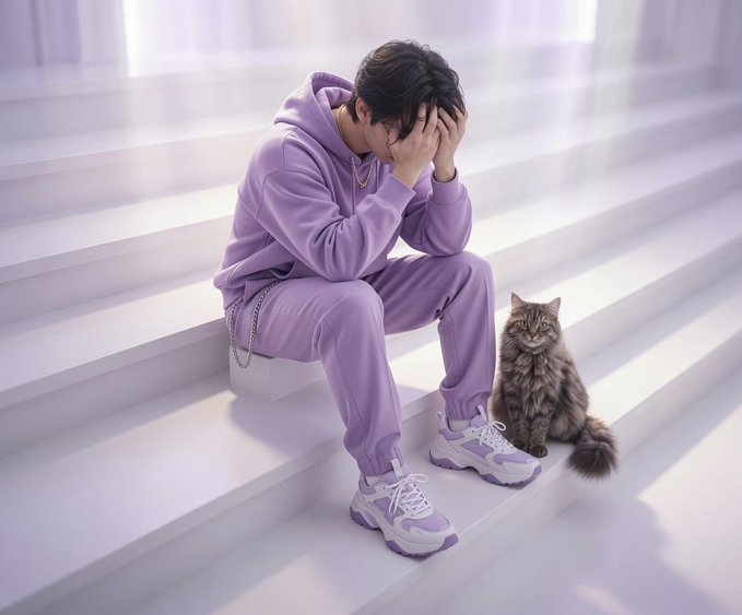 A young man in a lavender tracksuit sitting on white steps with his head in his hands, accompanied by a fluffy gray cat.