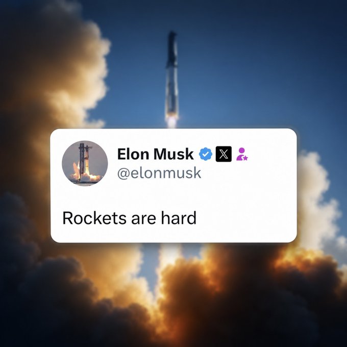 A SpaceX rocket launches into the sky trailing clouds of smoke, overlaid with a tweet from Elon Musk (@elonmusk) reading "Rockets are hard." The image captures the very challenge Musk acknowledges, reinforcing the post's message that overcoming the difficulty of rocket science is how SpaceX will ultimately achieve its goal of making life multiplanetary.