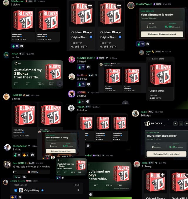 A collage of social media screenshots shows multiple users claiming and winning 'BLOKYZ' NFTs and raffles, with transactions involving 'WETH' and various dollar amounts.
