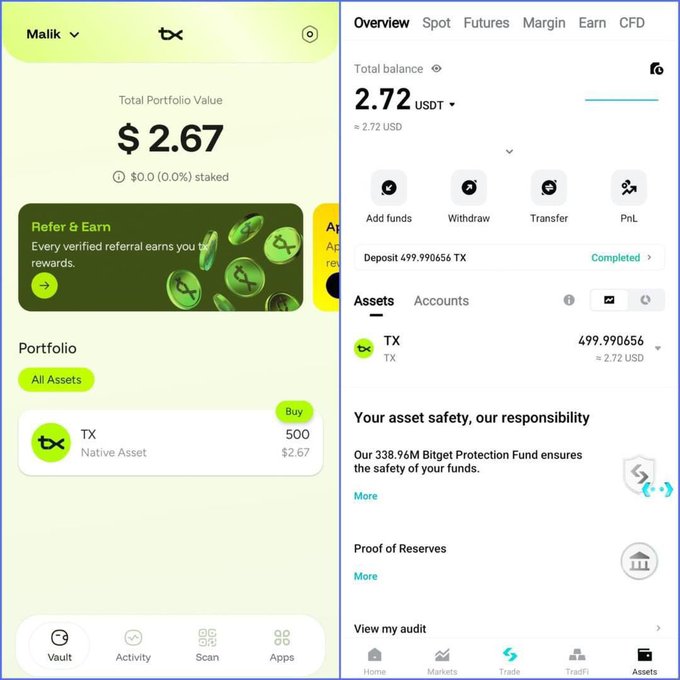 A side-by-side comparison of a crypto wallet app showing a portfolio balance of $2.67 on mobile and a Total balance of 2.72 USDT on desktop, both displaying the user "Malik" holding approximately 499.99 TX tokens (≈$2.72) after a completed deposit—visually confirming the "Free $2.5" sign-up bonus of 500 TX ($2.70) mentioned in the post.