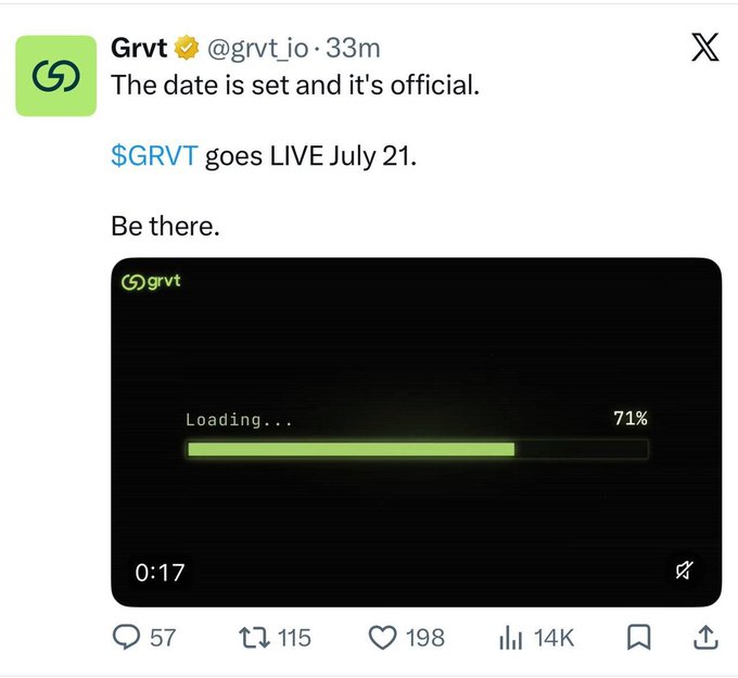 A tweet from Grvt (@grvt_io) announcing '$GRVT goes LIVE July 21' with a video attachment showing a loading bar at 71%.